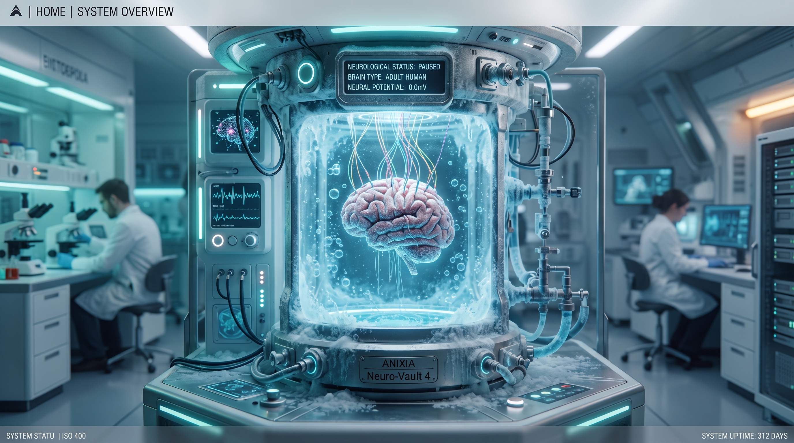 A highly detailed conceptual image of an organ suspended in a futuristic, high-tech cryogenic chamber filled with glowing blue liquid and frost. Medical monitoring equipment surrounds the transparent container. The lighting is cold, cinematic, and dramatic, emphasizing the advanced bio-technology and deep-tech reporting style. The color palette features deep teals, sterile whites, and icy blues, fitting an authoritative editorial aesthetic.